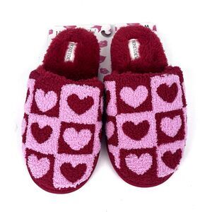Honeydew Womens Slippers SZ 7-8 Heart Checkerboard Red Pink Fleece Slip on Retro